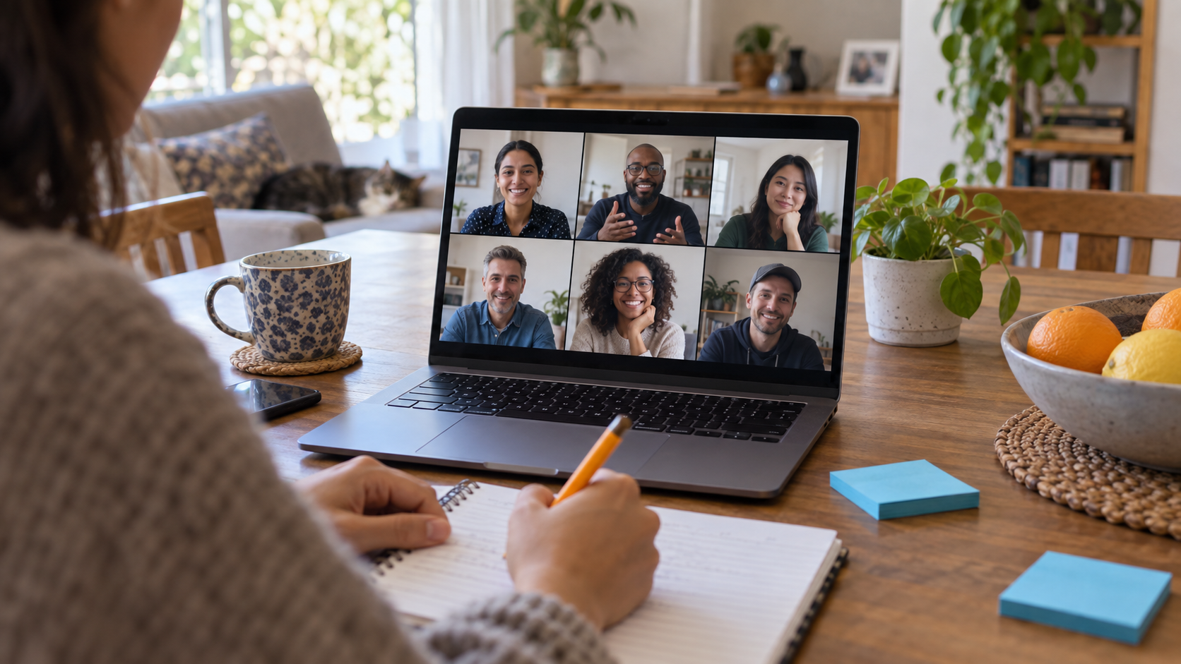 Adult learner joining an online workshop and taking notes