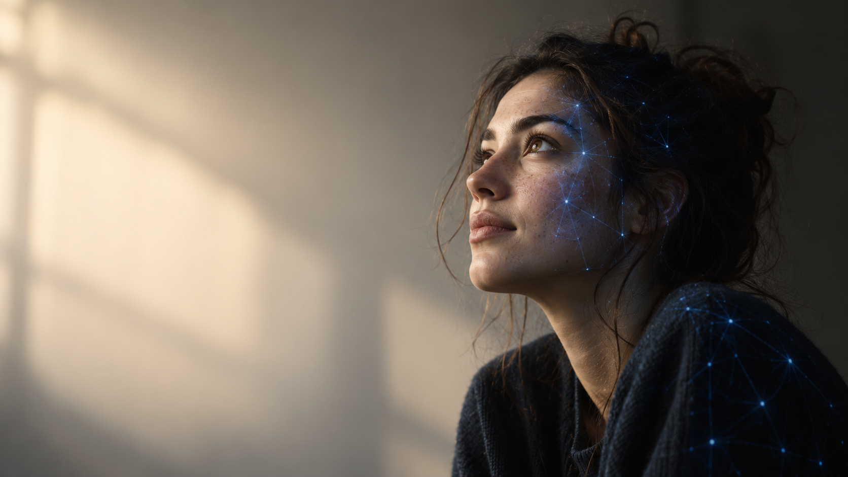 Focused learner with a subtle network of blue light across her face