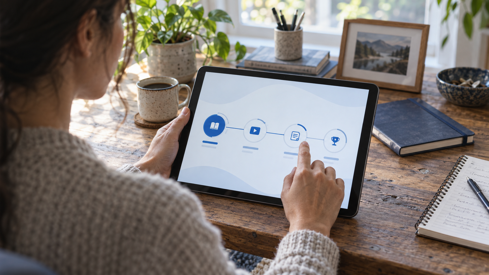Learner using a tablet with a personalized learning path